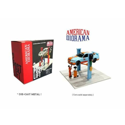 1/64 2 Post Lift With Oil Drainer And Mechanic Figure, Light Blue