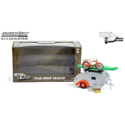 1/24 Hitch And Tow Trailers Series 6 Teardrop Trailer In Silver With Orange Trim Roof Rack, Bicycle, Kayak, Cooler And Picnic Basket