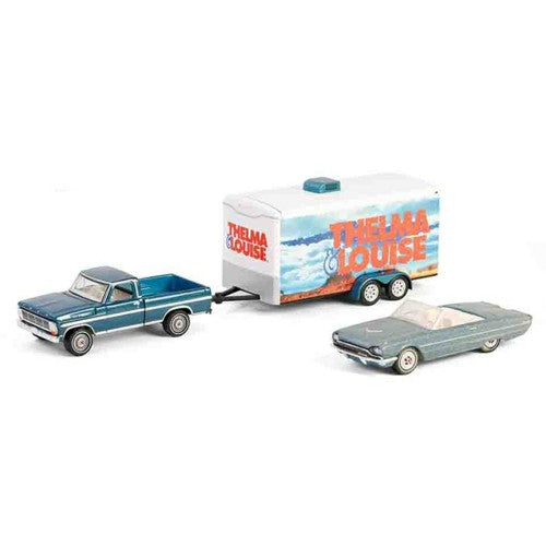 1/64 Hollywood Hitch And Tow Series 13 - Thelma And Louise (1991) - 1966 Ford Thunderbird Convertible - Dust Covered (Top-Down) With 1967 Ford F-250 And Enclosed Car Hauler