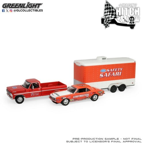 1/64 Racing Hitch And Tow Series 6 - Ford F-250 1969 And Chevy Z/28 Camaro 1969 - Dan Fletcher With Enclosed Hauler Safety Safari