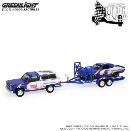1/64 Racing Hitch And Tow Series 6 - Ram 2500 2017 And Ford Mustang Gt Gulf 2024 With Flatbed Trailer
