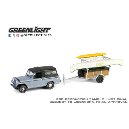1/64 Hitch And Tow Series 32 -1968 Jeep Jeepster Commando Sc-1 Gray With Canoe Trailer, Canoe Rack, Canoe And Kayak