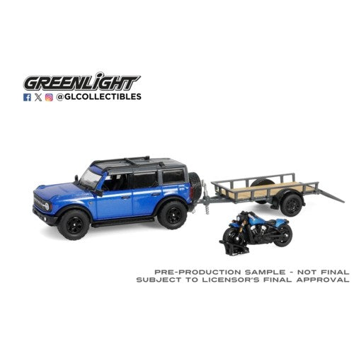 1/64 Hitch And Tow Series 32 - 2021 Ford Bronco Black Diamond - Velocity Blue Metallic With Utility Trailer And Motorcycle