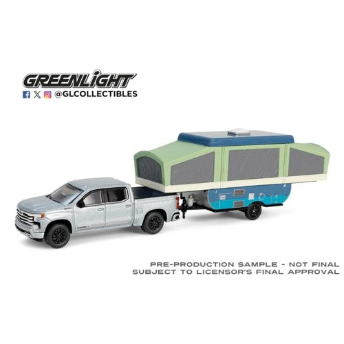 1/64 Hitch And Tow Series 32 - 2024 Chevrolet Silverado High Country - Sterling Gray Metallic With Pop Up Camper