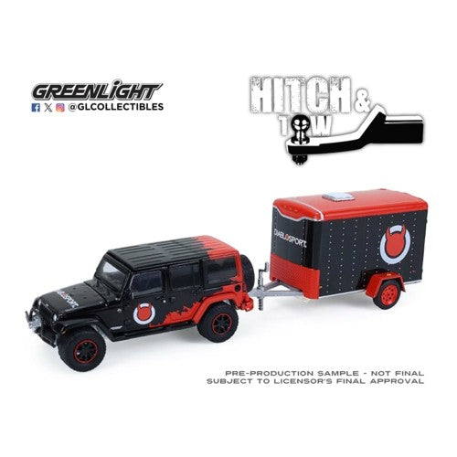 1/64 Hitch And Tow Series 33 - 2021 Jeep Wrangler Unlimted With Small Cargo Trailer Diablo Sport