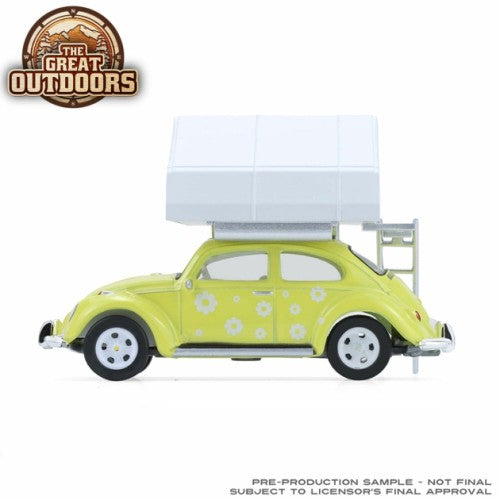 1/64 The Great Outdoors Series 4 - Classic Volkswagen Beetle - Yellow Flower Power With Camp'Otel Cartop Sleeper