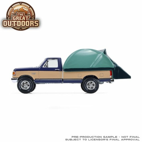 1/64 The Great Outdoors Series 4 - 1987 Ford F-150 Xlt Lariat - Dark Blue And Tan With Modern Truck Bed Tent