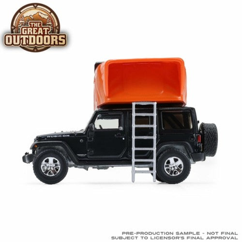 1/64 The Great Outdoors Series 4 - 2008 Jeep Wrangler Unlimited Rubicon - Dark Charcoal With Modern Rooftop Camper