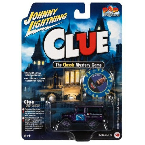 1/64 Jl Pop Culture 3 2022 Modern Clue 1980 Toyota Land Cruiser (Prof.Plum And Study And Dagger) W/Poker Chip Purple W/Clue Graphics