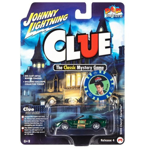 1/64 Johnny Lightning Pop Culture - Release 4 2022 - Modern Clue 2000 Corvette Mr Green Billiard Room W/Revolver And Poker Chip Dark Green