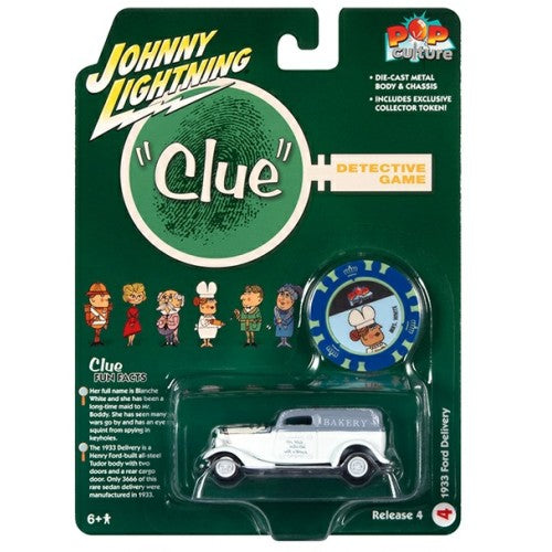 1/64 Johnny Lightning Pop Culture - Release 4 2022 - Vintage Clue 1933 Ford Delivery Mrs White Hall W/Wrench And Poker Chip Flat White And Light Blue
