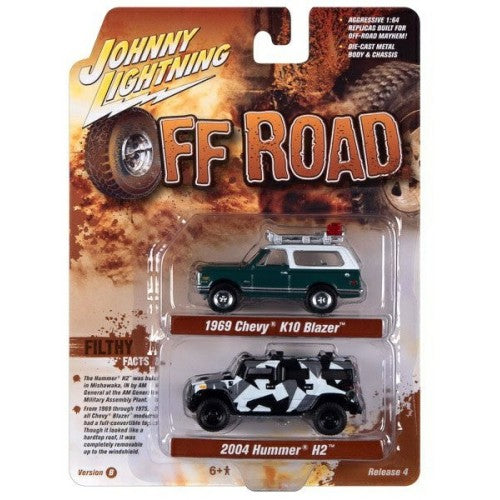1/64 Johnny Lightning 2-Pack Special - 2021 Release 4 B 1970 Chevrolet Blazer Saddle Dark Green And 2004 Hummer H2 White Camo Zingers
