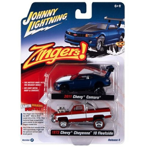 1/64 Johnny Lightning 2-Pack Special - 2021 Release 4 B 2011 Chevrolet Camaro Blue And 1973 Chevrolet Cheyenne Flame Red
