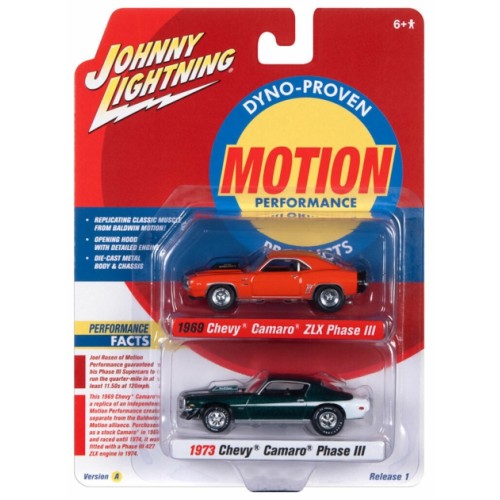 1/64 Johnny Lightning 2-Pack Special - 2022 Release 1 Version A Baldwin Motion 1969 Chevrolet Camaro Zlx Hugger Orange W/Black Hood Stripe And Rear Stripe And 1973 Chevrolet Camaro Phase