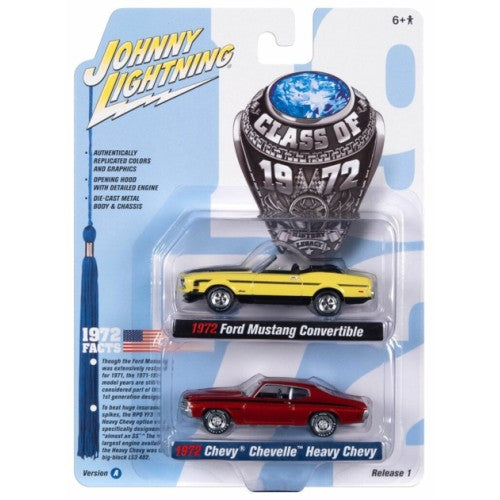 1/64 Johnny Lightning 2-Pack Special - 2022 Release 1 Version A Class Of 1972 Ford Mustang Convertible Bright Lime And 1972 Chevrolet Chevelle Ss Orange