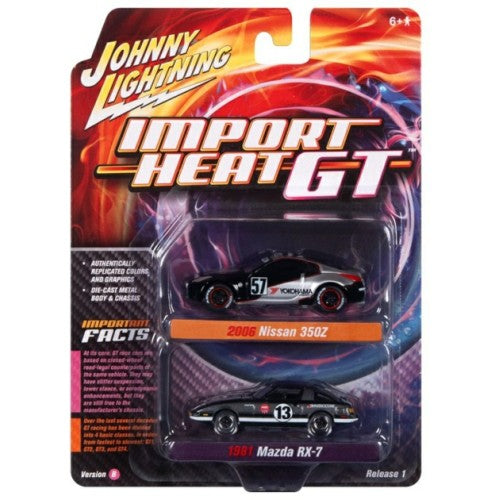 1/64 Johnny Lightning 2-Pack Special - 2022 Release 1 Version B Import Heat 2006 Nissan 350Z No.66 Black And 1981 Mazda Rx-7 No.13 Black