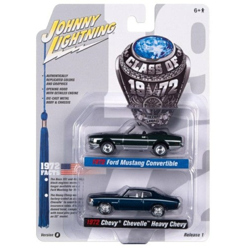 1/64 Johnny Lightning 2-Pack Special - 2022 Release 1 Version B Class Of 1972 Ford Mustang Convertible Dark Green And 1972 Chevrolet Chevelle Ss Blue