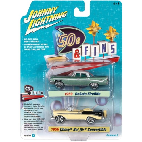1/64 Johnny Lightning 2-Pack Special 2022 Release 2 A 1959 Desoto Fireflite Surf Green And 1956 Chevrolet Bel Air Conv Crocus Yellow/Black