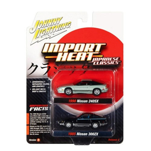 1/64 Johnny Lightning 2-Pack Special 2022 Release 2 B 1990 Nissan 240Sx Silver Green Pearl And 1985 Nissan Fairlady 300Zx Black Blue/Silver Lower