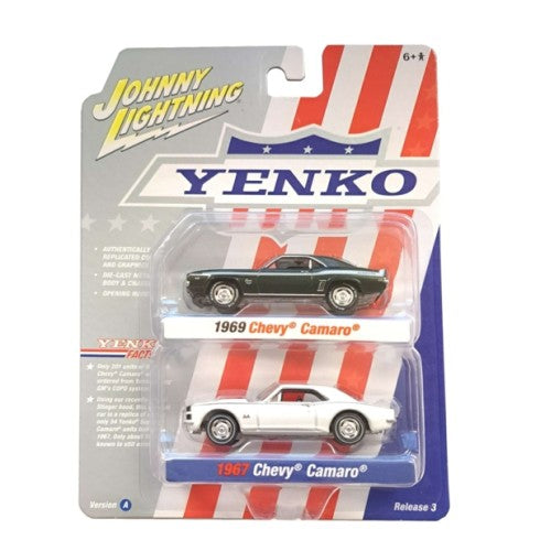 1/64 Johnny Lightning 2-Pack Special 2022 Release 3 A Yenko 1969 Chevrolet Camaro Fathom Green Poly W/White Yenko Hood And 1967 Chevrolet Camaro Gloss White W/Black Nose Stripe