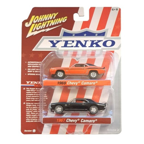 1/64 Johnny Lightning 2-Pack Special 2022 Release 3 B Yenko 1969 Chevrolet Camaro Orange W/Black Roof And 1967 Chevrolet Camaro Gloss Black W/White Nose Stripe