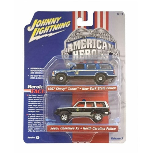 1/64 Johnny Lightning 2-Pack Special 2022 Release 3 B American Hero New York State Trooper 1997 Chevrolet Tahoe Blue And North Carolina State Trooper Jeep Cherokee