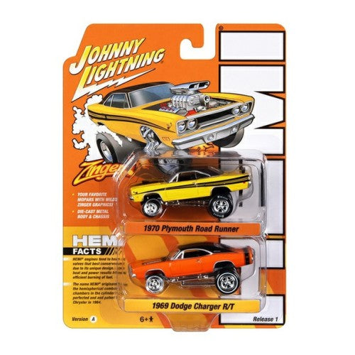 1/64 1970 Plymouth Road Runner Yellow With Gator Roof And Black Side Stripes And 1969 Dodge Charger R/T Metallic Orange With Flat Black Roof