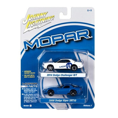 1/64 2008 Dodge Viper Srt 10 Metallic Blue With White Stripes And 2014 Dodge Challenger R/T White And Mopar Blue Logo And Stripes
