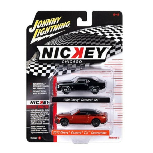 1/64 1969 Chevrolet Camaro Ss Gloss Black With White Side Stripe And 2013 Chevrolet Camaro Zl1 Convertible Inferno Orange With Black Convertible Top And Black Nickey Side Stripes