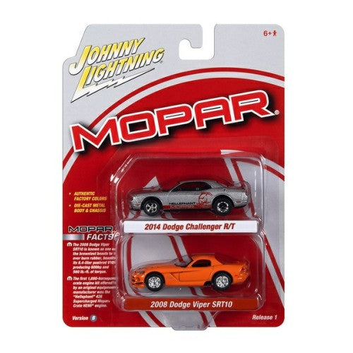 1/64 2008 Dodge Viper Srt 10 Very Viper Orange With Silver Stripes And 2014 Dodge Challenger R/T Platinum With Red Hellephant And Mopar Logo In Red + Red Stripes