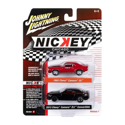 1/64 1969 Chevrolet Camaro Ss Red And Black Stipes And Nickey Logo And 2013 Chevrolet Camaro Zl1 Convertible Gloss Black With Flat Black Convertible Top And Red Nickey Stripes