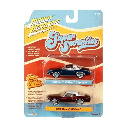 1/64 1976 Oldsmobile Cutlass Dark Blue Poly And 1972 Buick Riviera Burnish Bronze Poly