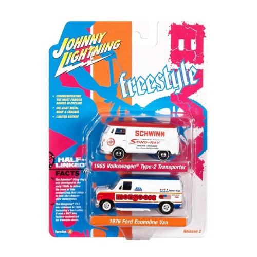 1/64 Schwinn 1965 Volkswagon Type 2 White W/Red Top And Mongoose 1976 Ford Van White, Red And Blue