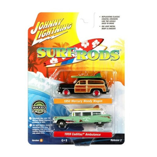1/64 1950 Mercury Woody Wagon Black And Woody And 1959 Cadillac Ambulance Teal And Surf Shark