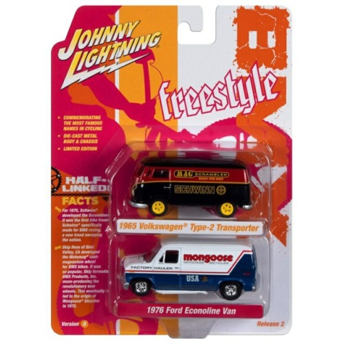 1/64 Schwinn 1965 Volkswagon Type 2 Black And Red And Mongoose 1976 Ford Van White And Blue